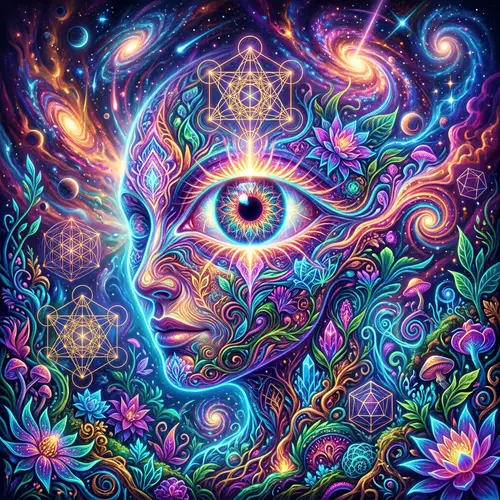 Psychedelic All-Seeing Eye in Cosmic Dreamscape