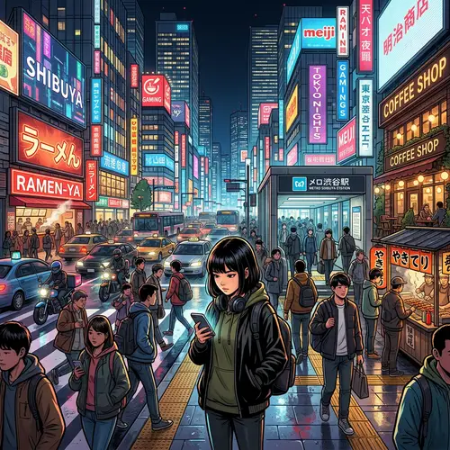 Bustling Urban Scene Illustration: Cityscape at Rush Hour