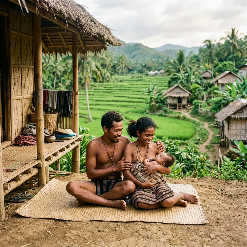 Tranquil Village Scene: Indigenous Filipino Parents with Sleeping Baby Tranquil Village Scene: Indigenous Filipino Parents with Sleeping Baby
