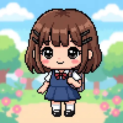 Chibi-Style Pixel Art Girl with Brown Hair & Black Hair Pins