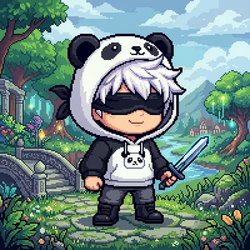 Albedo Pixel Art Chibi Style with Panda Hoodie & Black Blindfold