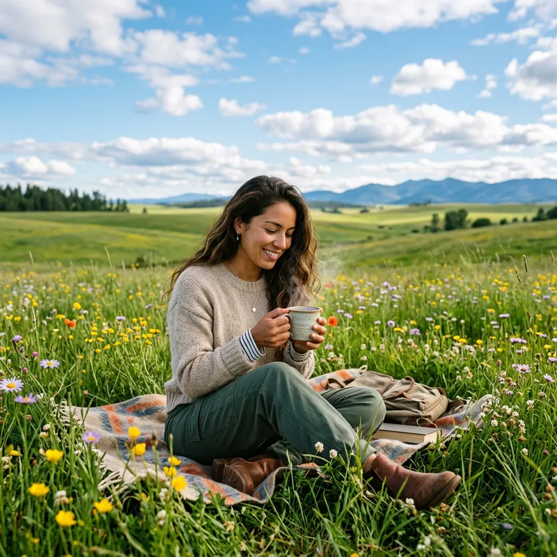Woman Enjoying Coffee in the Field | Serene and Peaceful Scene