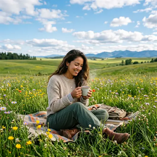 Serene Moment in Lush Green Field with Coffee | Relaxing Scene