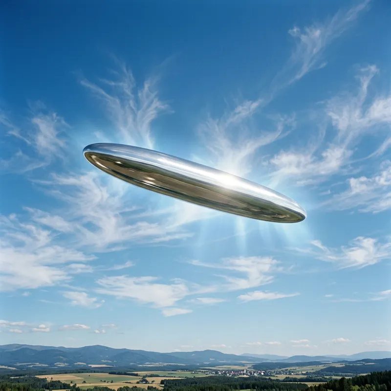 Mysterious Silvery Cigar-Shaped UFO Gliding in Clear Blue Sky Mysterious Silvery Cigar-Shaped UFO Gliding in Clear Blue Sky