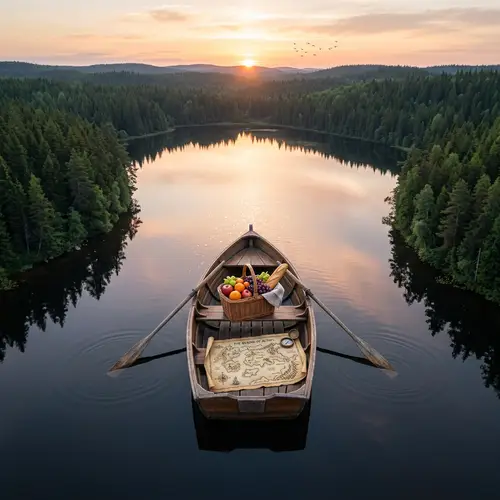 Tranquil Sunrise on Lake: Fresh Fruits & Adventure Map