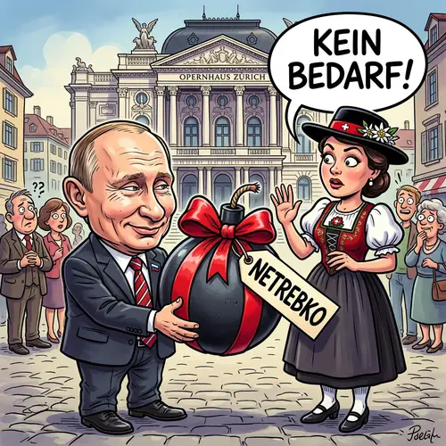 Humorous Putin Caricature with Swiss Model Gift Scene