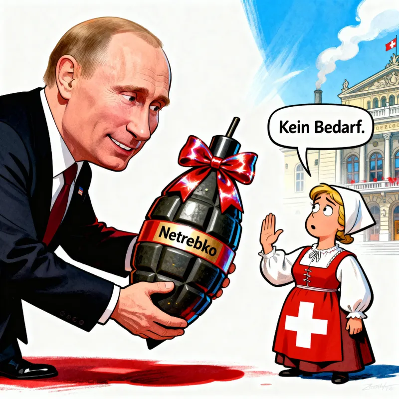 Humorous Putin Caricature with Swiss Model Gift Scene