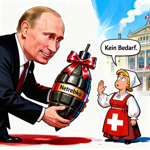 Humorous Putin Caricature with Swiss Model Gift Scene