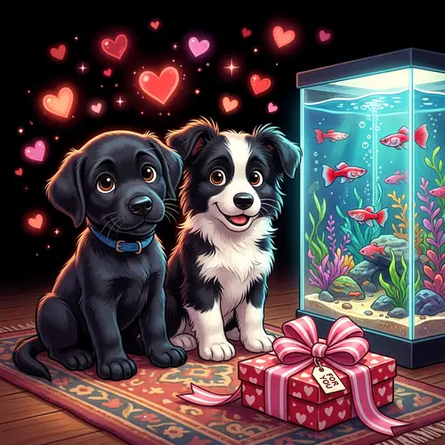 Cute Disney Cartoon Pets by an Aquarium