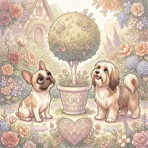 Charming Beige Cartoon: Dogs & Flowers