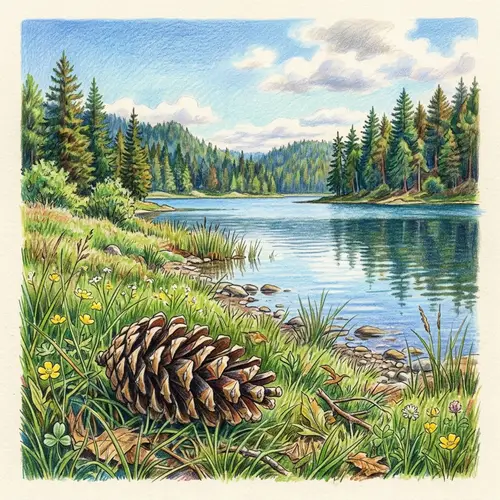 Pinecone Art: Colored Pencil Drawing by the Lake