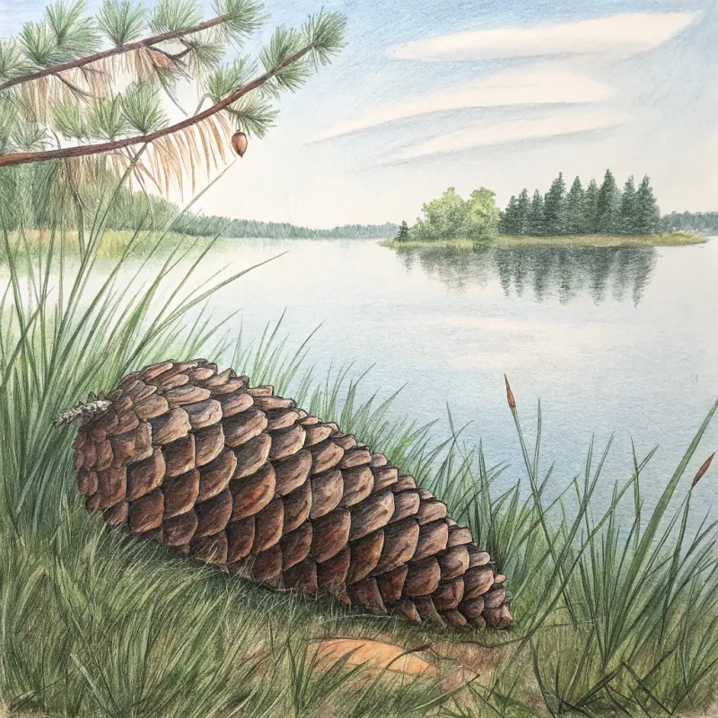 Pinecone Art: Colored Pencil Drawing by the Lake