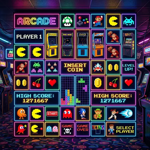 Vibrant Arcade-Themed Wall Design with Pixel Art
