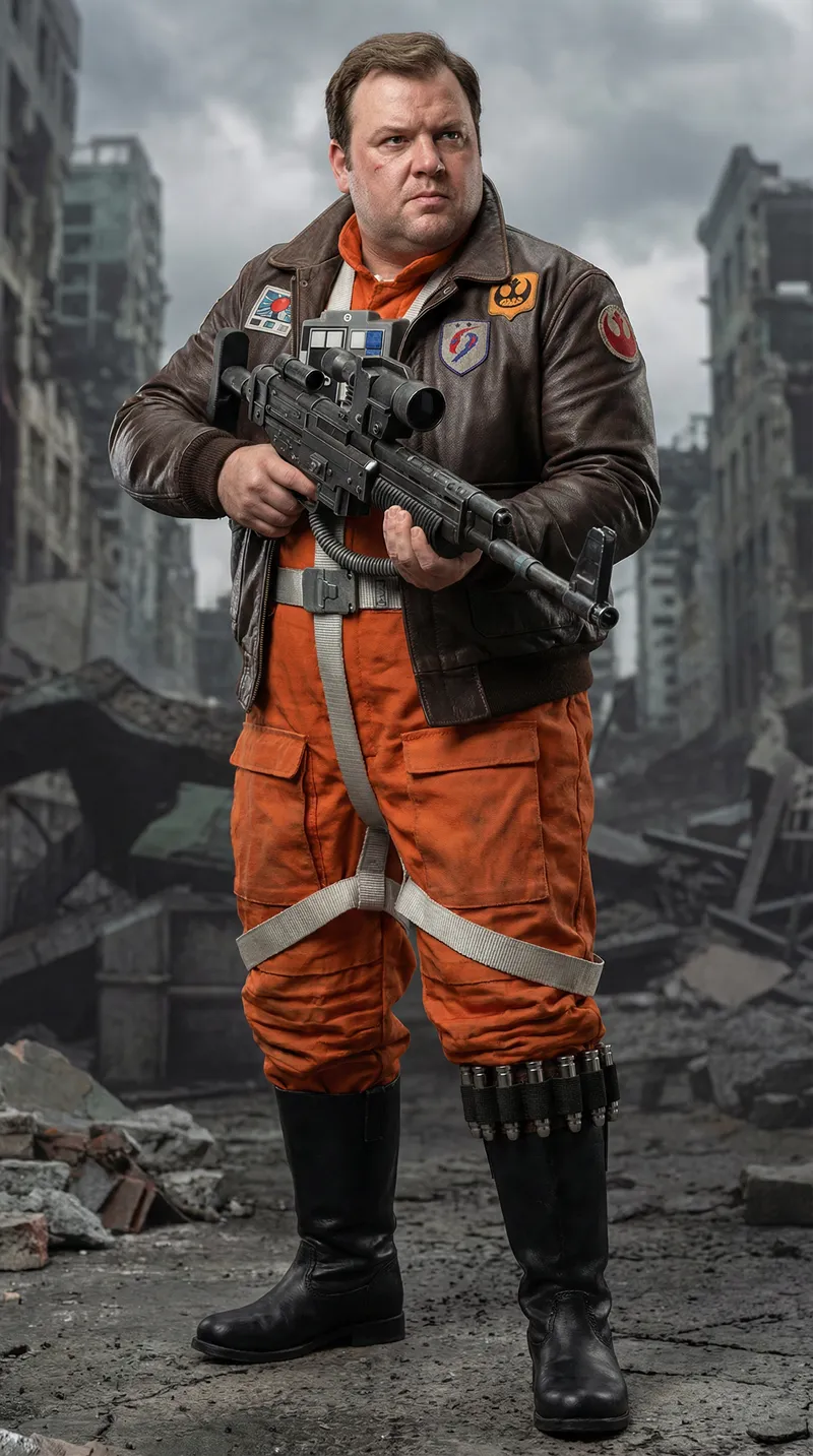 Chubby Man in Leather Jacket with Assault Rifle