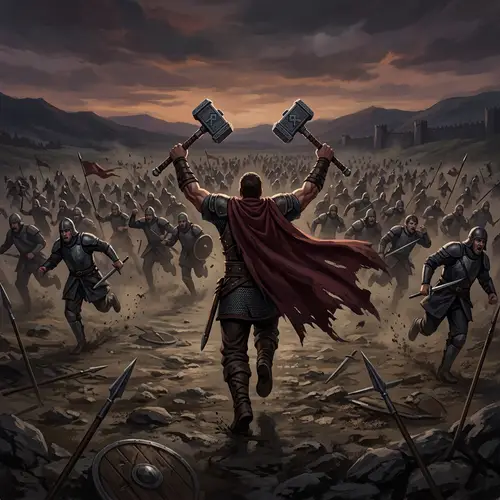 Hero Chasing Away an Army with Battle Hammers