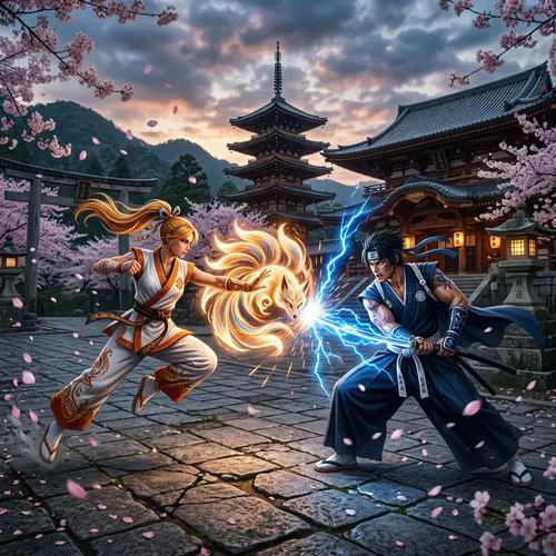Epic Battle of Warriors in Traditional Attire | Ancient Temples & Cherry Blossoms