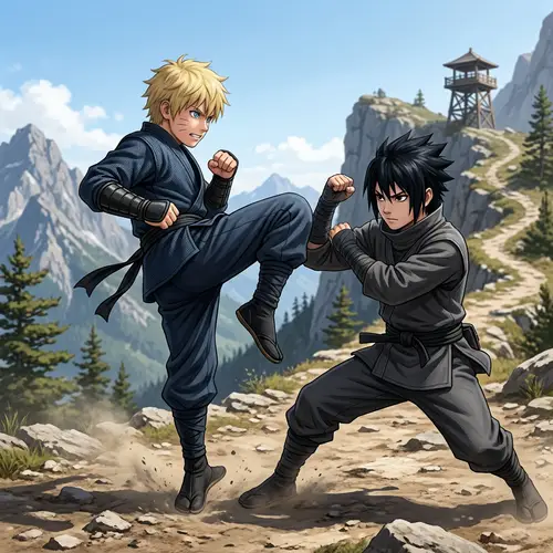 Martial Arts Battle between Blonde and Black-Haired Boys