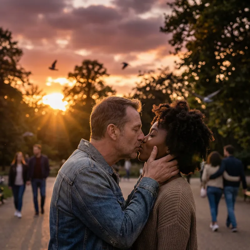 Romantic Park Kiss - Intimate Moment with Diverse Couple