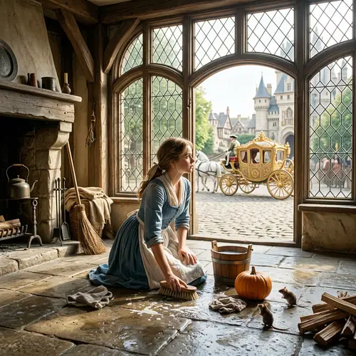 Magical Fairytale Scene: Young Woman with Pumpkin and Mice