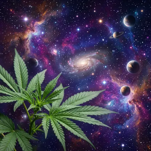 Cosmic Universe and Cannabis Sativa Leaves