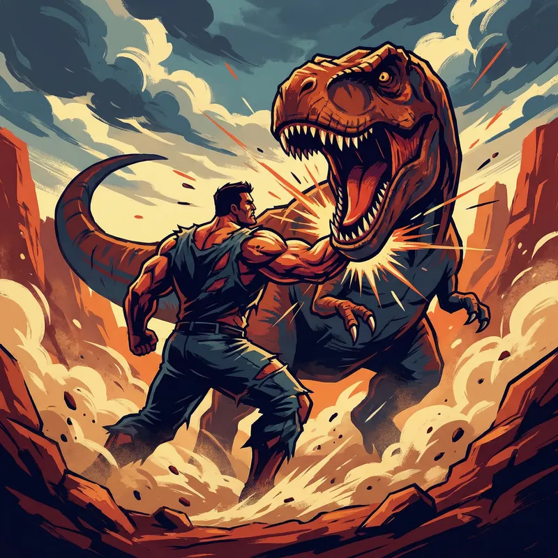 Intense Bodybuilder vs T-rex Showdown: Dynamic Comic Art Scene Intense Bodybuilder vs T-rex Showdown: Dynamic Comic Art Scene