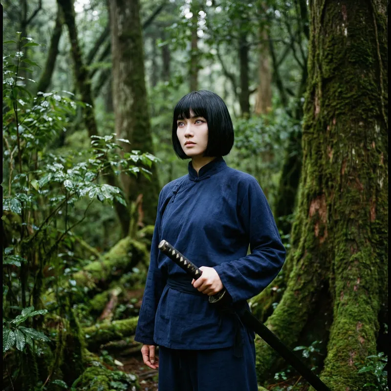 Jet-Black Haired Female Martial Artist in Serene Forest Jet-Black Haired Female Martial Artist in Serene Forest