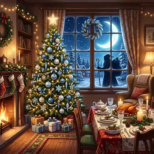 Holiday Scene with Christmas Tree and Father Frost Silhouette