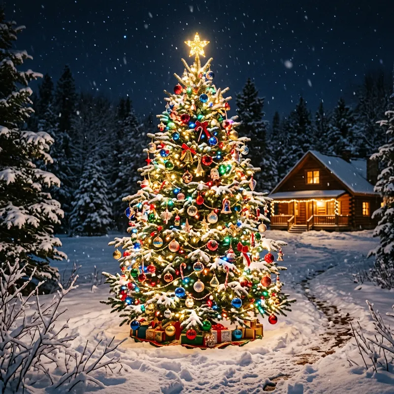 Festive New Year Tree Decoration with Colorful Ornaments and Lights