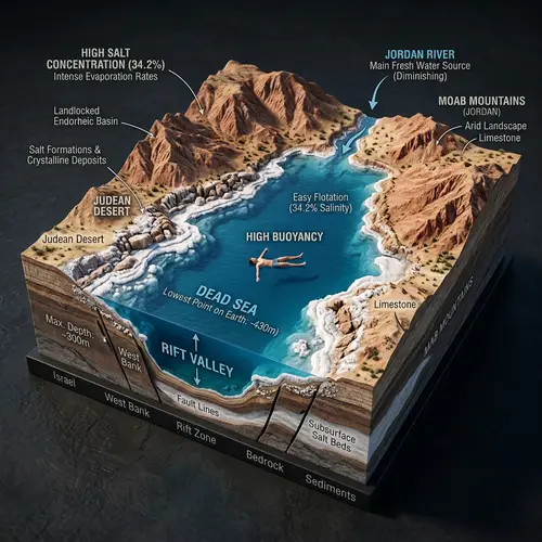 Detailed 3D Model of Dead Sea: Salt Concentration, Terrain & Location