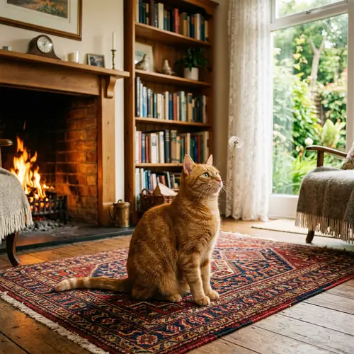 Radiant Ginger Cat on Woven Rug | Tranquil Living Room Scene