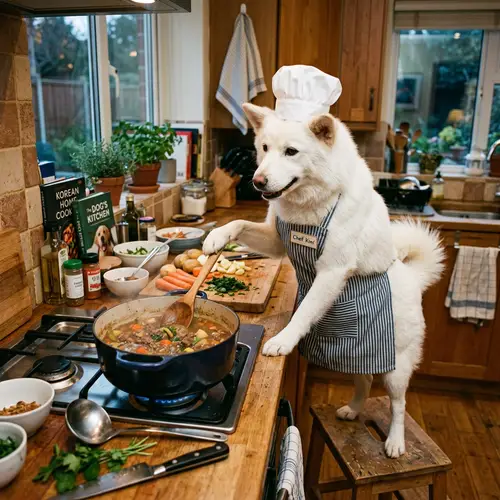 White Jindo Dog Cooking Dinner as Chef