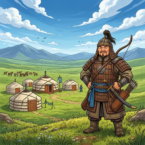 Mongolian Warrior in the Steppe: A Cartoon Depiction
