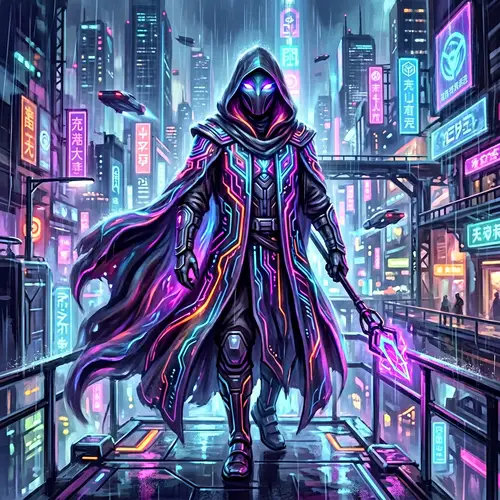 Captivating Sci-Fi Concept Art: Enigmatic Figure in Neon Colors