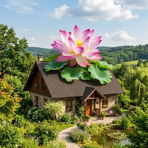 Vibrant Lotus Flower on House Roof | Serene Scene