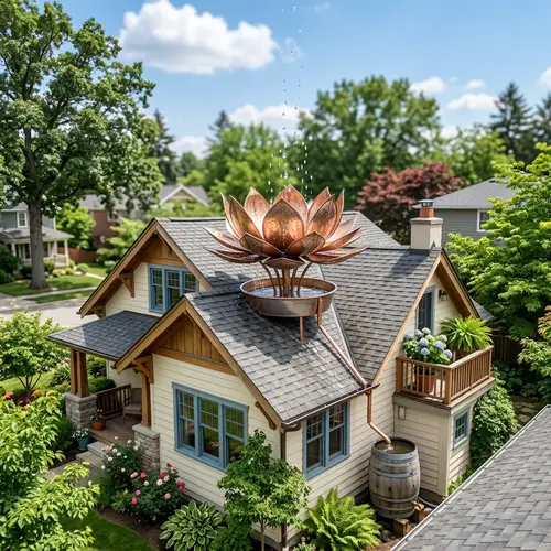 Lotus-Shaped Rainwater Collection Device at Quaint House