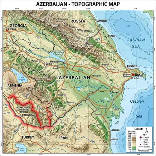 Detailed Topographic Map of Azerbaijan with Nakhchivan Location