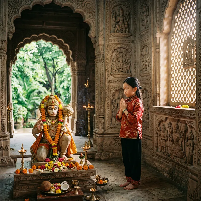 Devoted East Asian Girl Praying in Ornate Hanuman Temple Devoted East Asian Girl Praying in Ornate Hanuman Temple