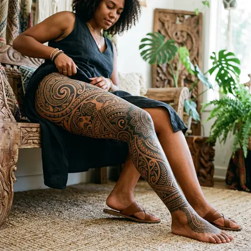 Intricate Dark Tribal Leg Tattoo Design for Women