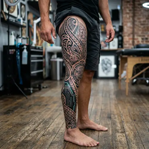Full-Leg Tribal Hitech Tattoo Design