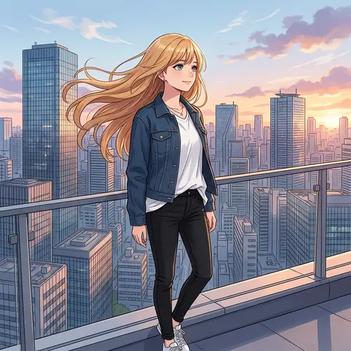 Blonde Anime Style Young Woman with Flowing Hair in Wind