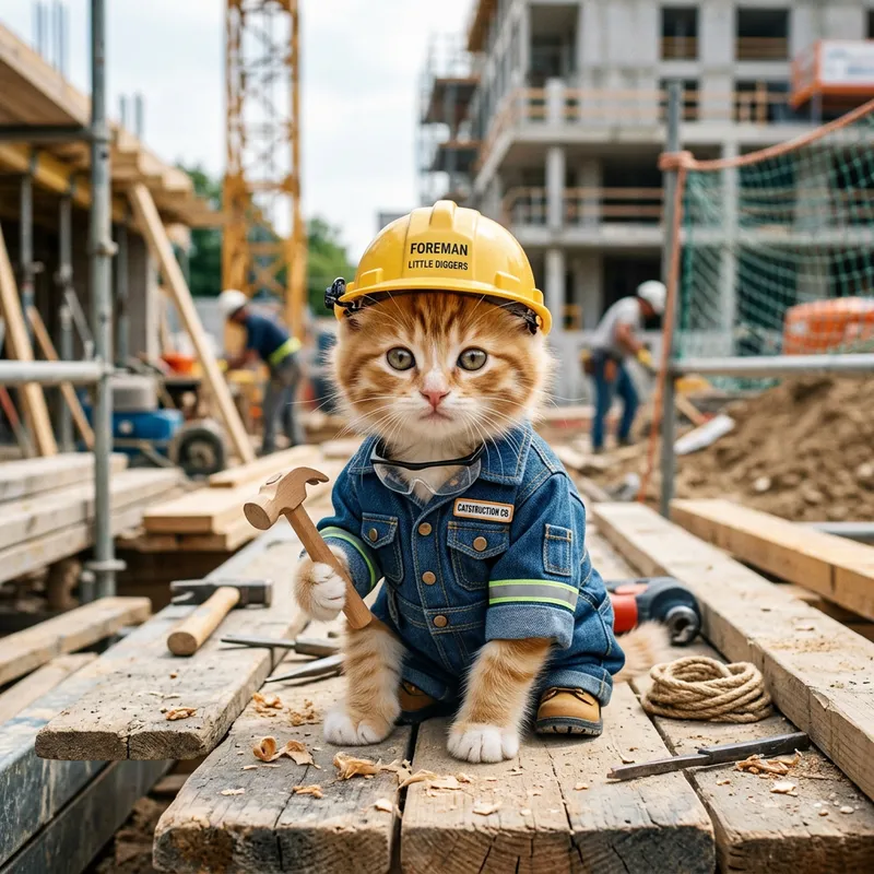 Adorable Kitten in Construction Jumpsuit and Hard Hat