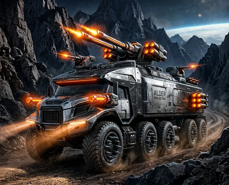 Battle-Ready Black & Silver Game Vehicle Poster