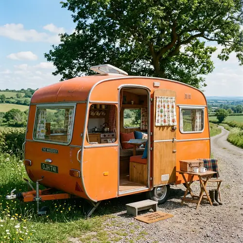 Classic Orange Caravan with Middle Doors Open