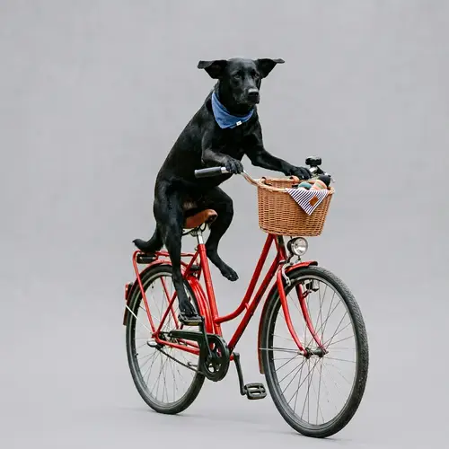 Black Dog Balancing on Bicycle - Canine Cyclist