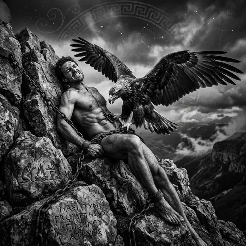 Prometheus in Greek Mythology: Enduring Eagle Assault on Rocky Outcrop