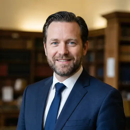 Captivating Caucasian Man in Navy-Blue Tailored Suit