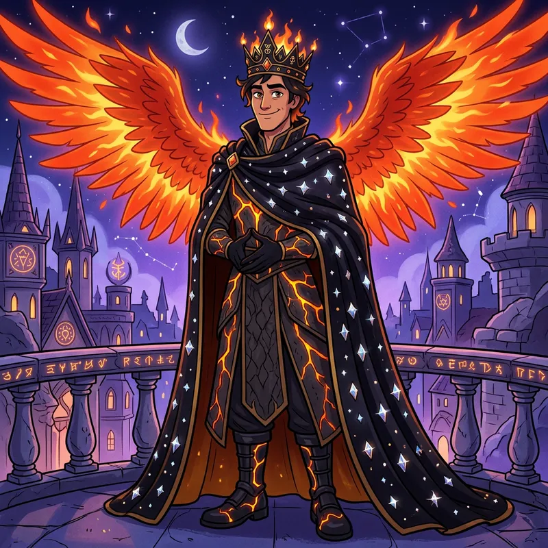 Towering Fiery Character in Hazbin Hotel Style - Ars Goetia Crown & Fiery Wings Redesign