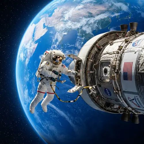 Astronaut Floating in Space Near Rocket