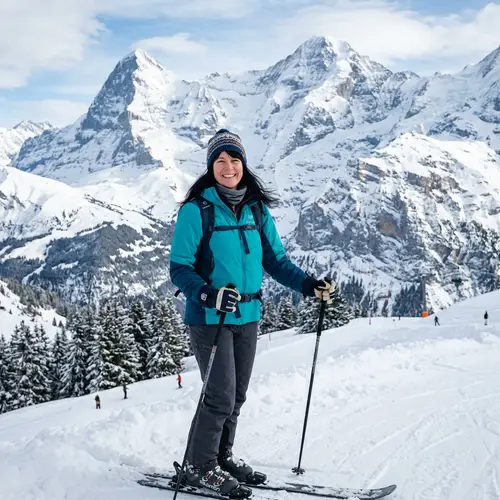 Smiling White Woman Skiing in Snowy Mountain Landscape