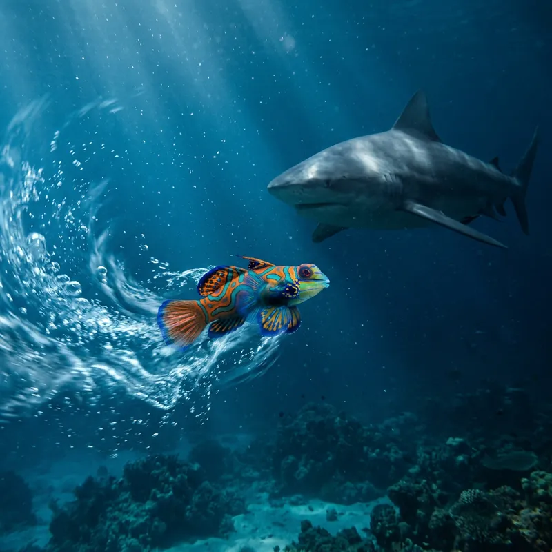 Bright Fish in Azure Water with Huge Shark Nearby Bright Fish in Azure Water with Huge Shark Nearby